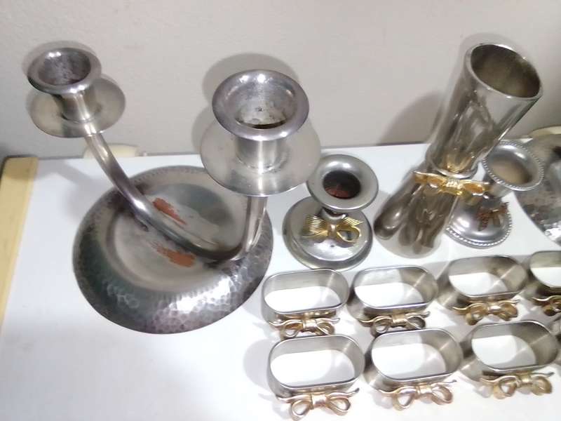 All you need for Dinner table. A1 plate SPC. Candlesticks Marked M.P., Vases, Bowtie Napkin rings.