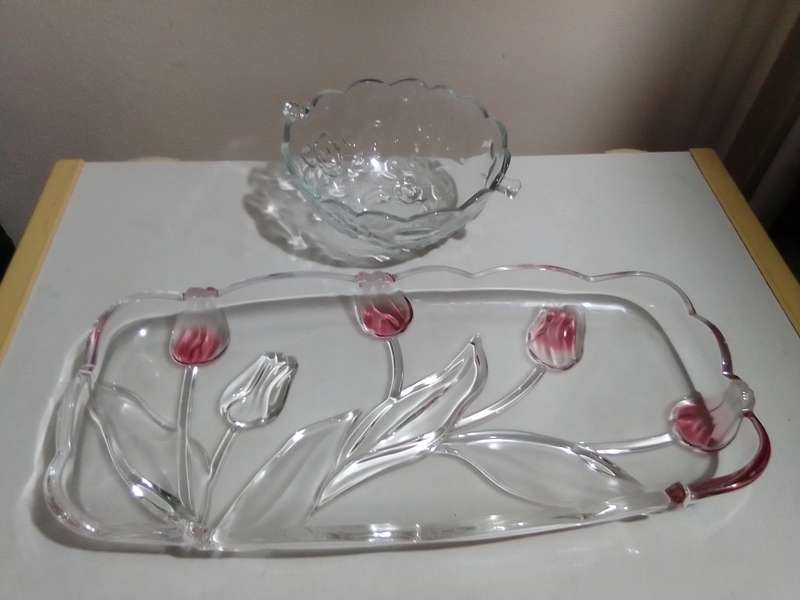 Mikasa Tivoli Rectangle Canape Platter/SERVING TRAY Crystal pink tulips + Indonesian bowl.