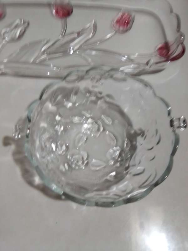 Mikasa Tivoli Rectangle Canape Platter/SERVING TRAY Crystal pink tulips + Indonesian bowl.