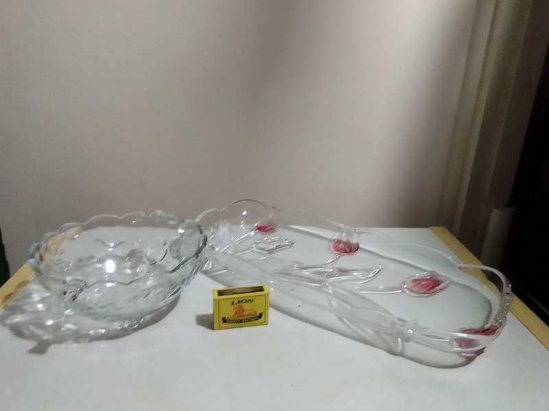 Mikasa Tivoli Rectangle Canape Platter/SERVING TRAY Crystal pink tulips + Indonesian bowl.