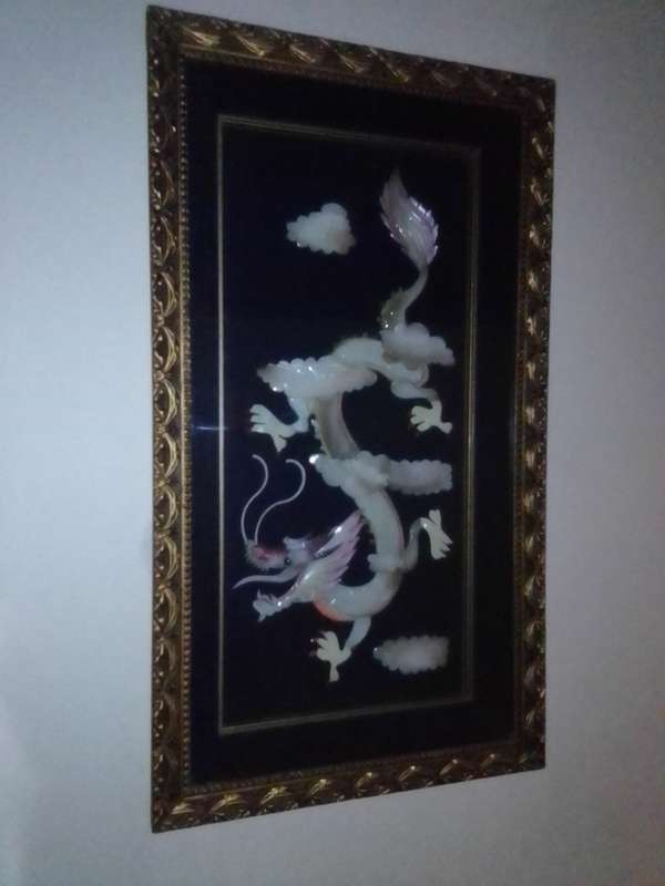 FREE SHIPPING> Very scarce, Framed. Antique Chinese Hand Carved JADE/Mother of pearl Dragon.