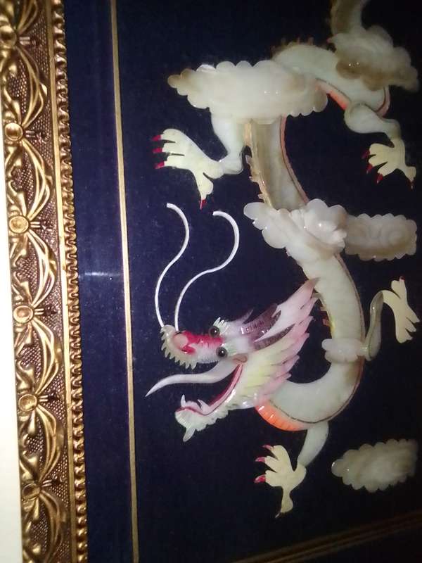 FREE SHIPPING> Very scarce, Framed. Antique Chinese Hand Carved JADE/Mother of pearl Dragon.