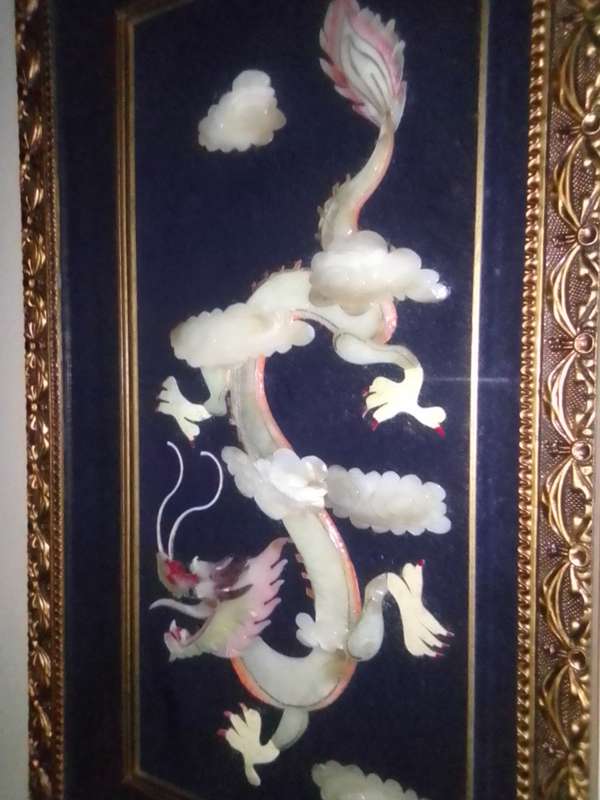 FREE SHIPPING> Very scarce, Framed. Antique Chinese Hand Carved JADE/Mother of pearl Dragon.