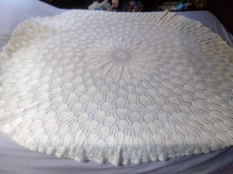 A Hand Crocheted Round Tablecloth Size: 155cm W in Excellent condition.