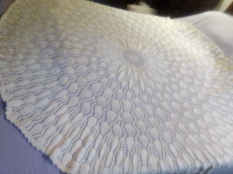 A Hand Crocheted Round Tablecloth Size: 155cm W in Excellent condition.