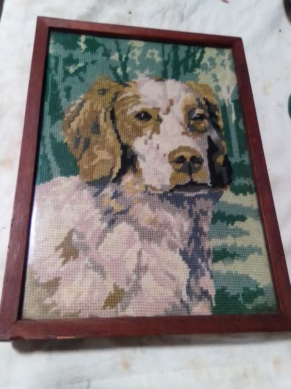 Framed Picture of Beagle dog tapestry under glass.