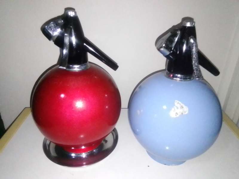2 Vintage BOC Globemaster Sparklets Soda Syphons + one Chrome stand.