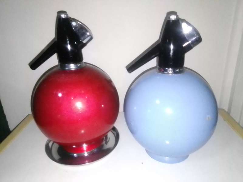 2 Vintage BOC Globemaster Sparklets Soda Syphons + one Chrome stand.
