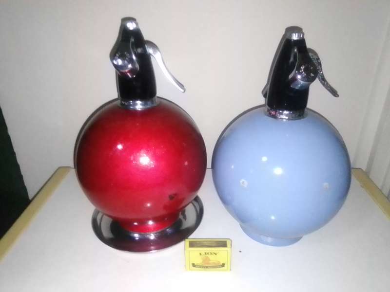 2 Vintage BOC Globemaster Sparklets Soda Syphons + one Chrome stand.
