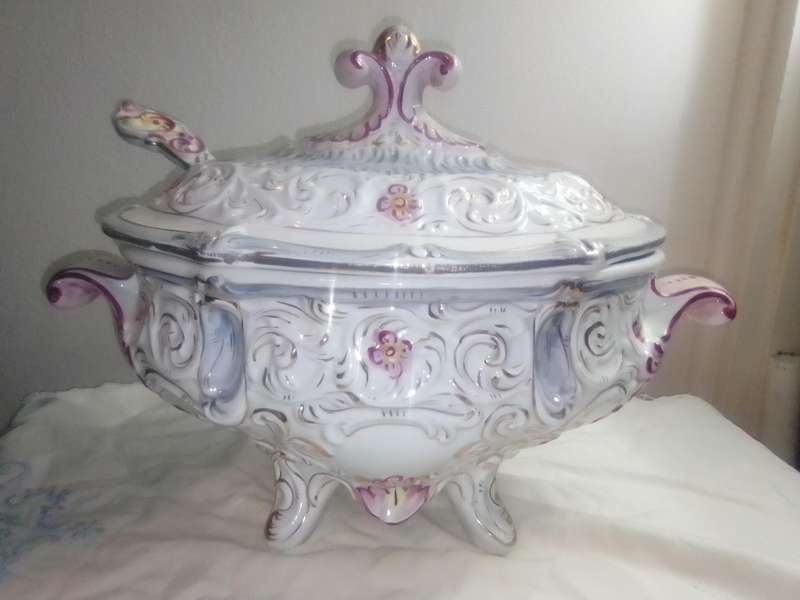 A vintage Floral large, covered Tureen "Capodimonte" with Ladle soup centerpiece. signed Italy 811.