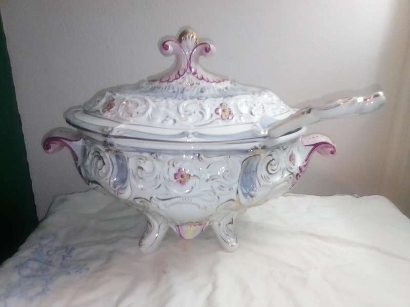 A vintage Floral large, covered Tureen "Capodimonte" with Ladle soup centerpiece. signed Italy 811.