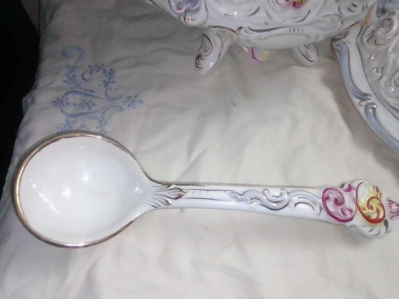 A vintage Floral large, covered Tureen "Capodimonte" with Ladle soup centerpiece. signed Italy 811.