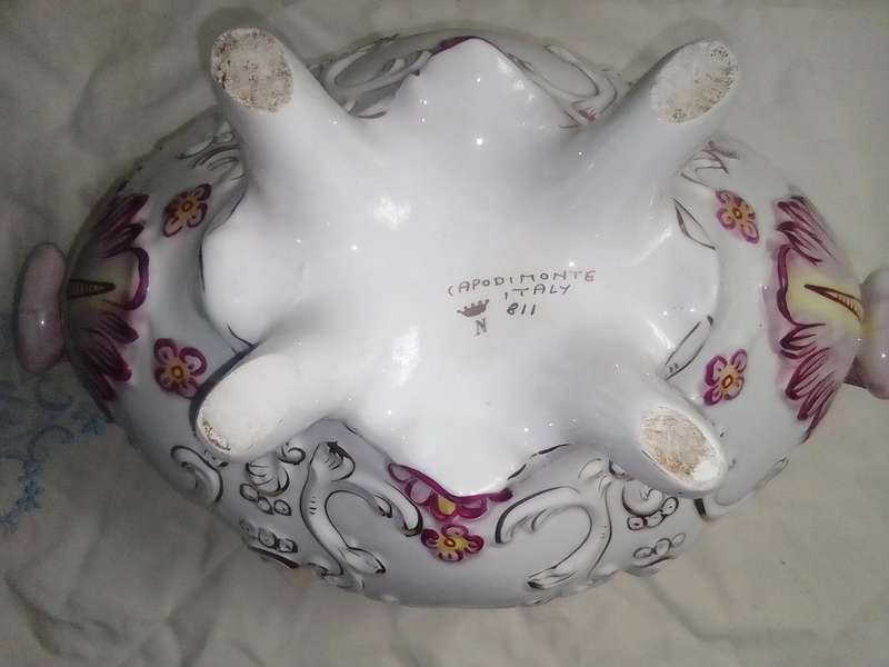 A vintage Floral large, covered Tureen "Capodimonte" with Ladle soup centerpiece. signed Italy 811.
