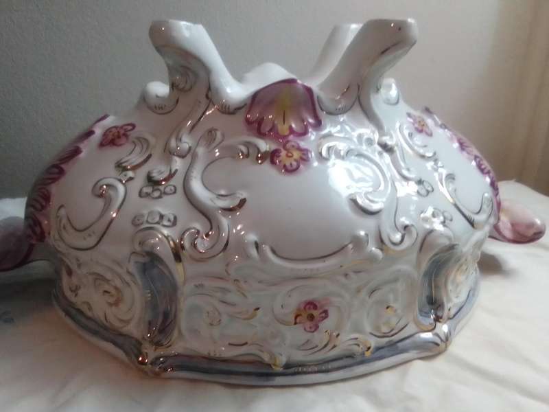 A vintage Floral large, covered Tureen "Capodimonte" with Ladle soup centerpiece. signed Italy 811.