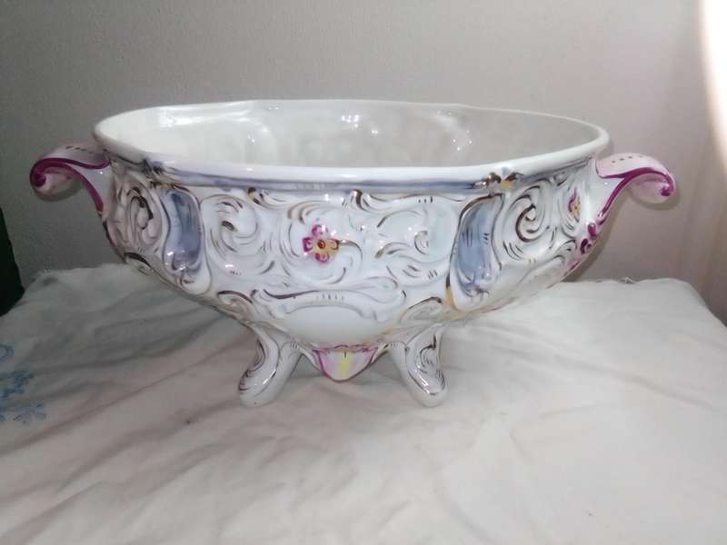 A vintage Floral large, covered Tureen "Capodimonte" with Ladle soup centerpiece. signed Italy 811.
