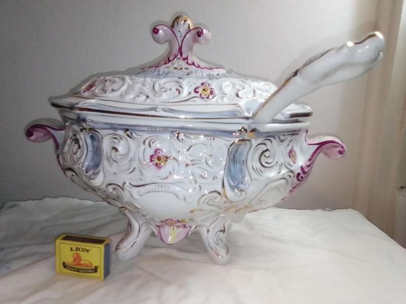 A vintage Floral large, covered Tureen "Capodimonte" with Ladle soup centerpiece. signed Italy 811.