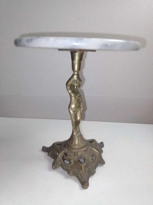 Old vintage small Cherub stem brass and marble stand