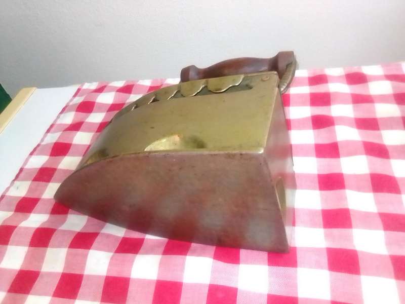 Old vintage heavy solid Brass Coal Iron with wooden handle with Rooster motif. Original condition.