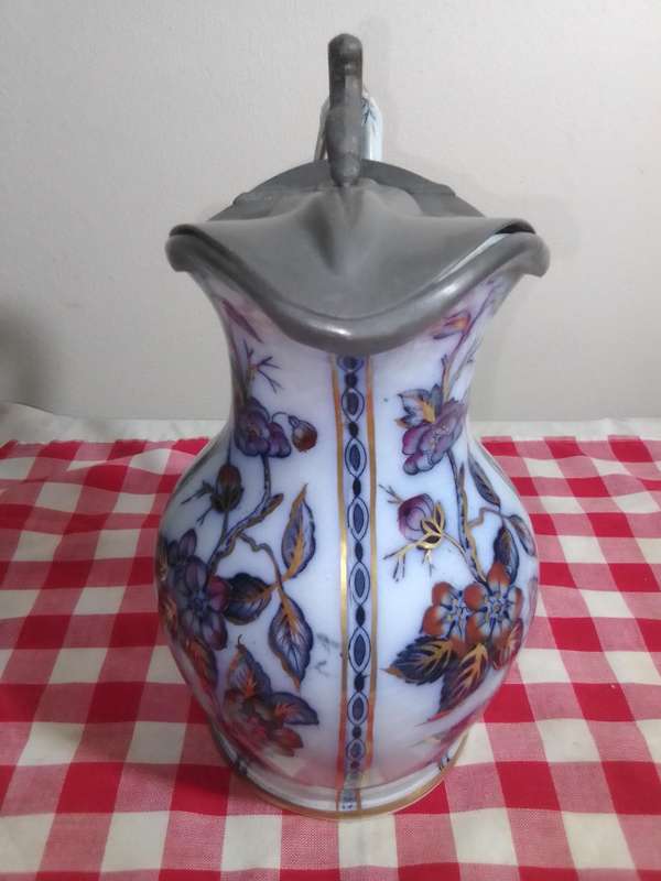 Vintage 1900's MASONS HAND PAINTED IMARI ANTIQUE IRONSTONE POTTERY JUG PEWTER LID 23 cm Tall