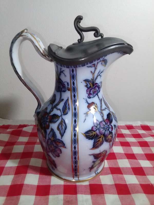 Vintage 1900's MASONS HAND PAINTED IMARI ANTIQUE IRONSTONE POTTERY JUG PEWTER LID 23 cm Tall