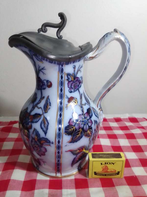 Vintage 1900's MASONS HAND PAINTED IMARI ANTIQUE IRONSTONE POTTERY JUG PEWTER LID 23 cm Tall