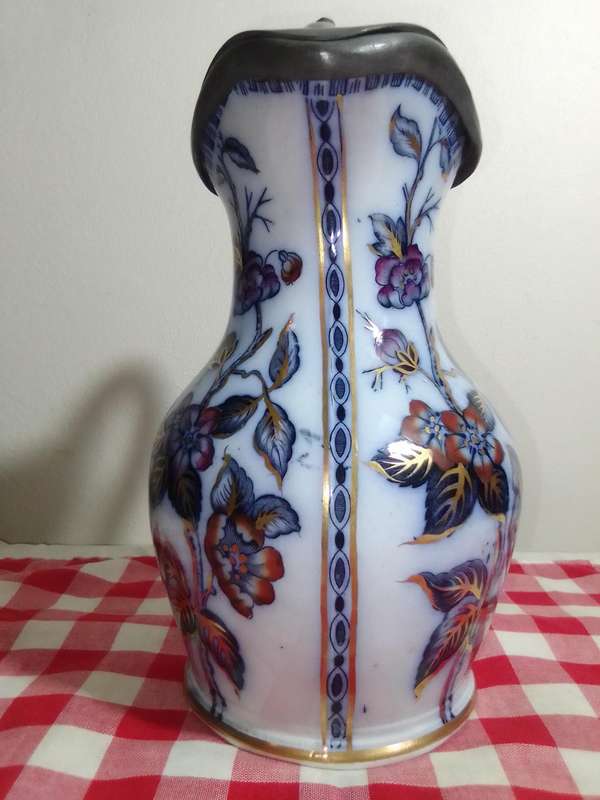 Vintage 1900's MASONS HAND PAINTED IMARI ANTIQUE IRONSTONE POTTERY JUG PEWTER LID 23 cm Tall