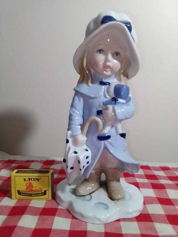 Vintage Girl in Blue Dress Blue Hat with Umbrella/Doll Porcelain Figurine. VINTAGE UNIQUE RARE