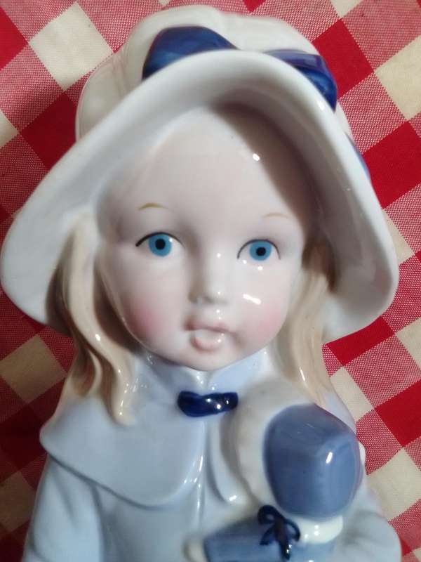 Vintage Girl in Blue Dress Blue Hat with Umbrella/Doll Porcelain Figurine. VINTAGE UNIQUE RARE