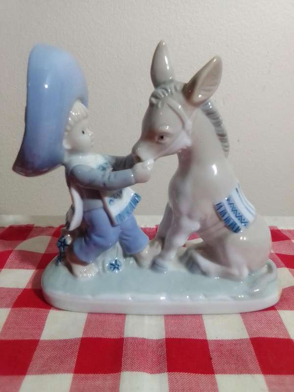 Beautiful Vintage Lladro Style, Glazed Porcelain Figurine of a Young Boy with Donkey.