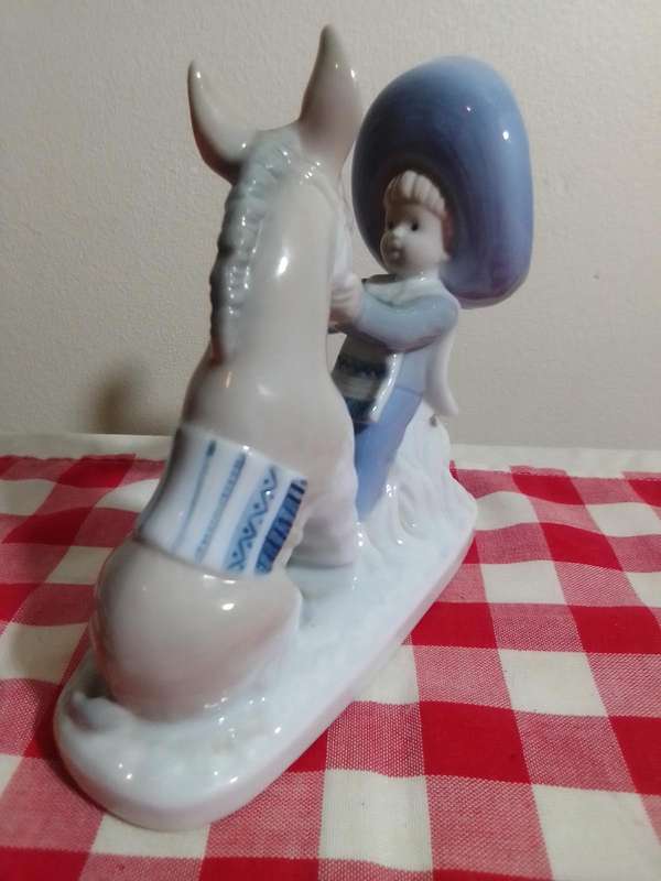 Beautiful Vintage Lladro Style, Glazed Porcelain Figurine of a Young Boy with Donkey.