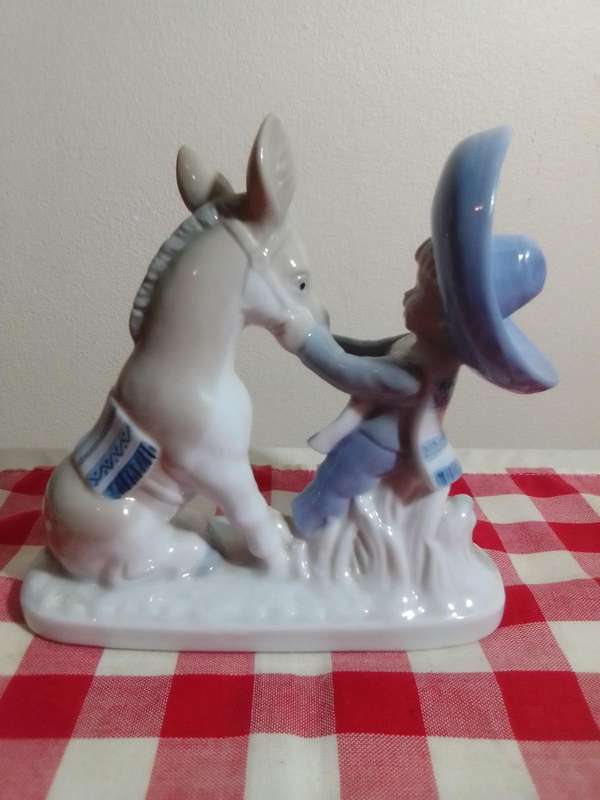 Beautiful Vintage Lladro Style, Glazed Porcelain Figurine of a Young Boy with Donkey.