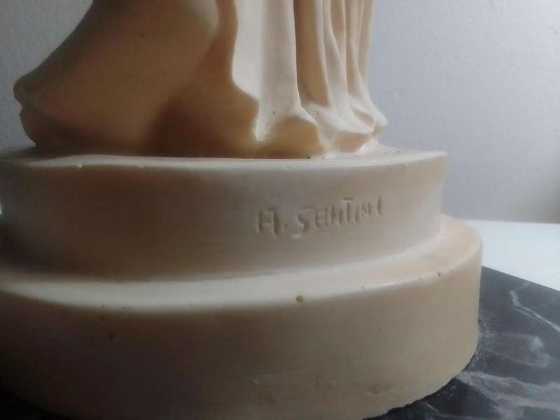 Large vintage. Stamped: A Santini. Greek Lady with jug/Bowl on a Correra marble base. 44cm Tall.