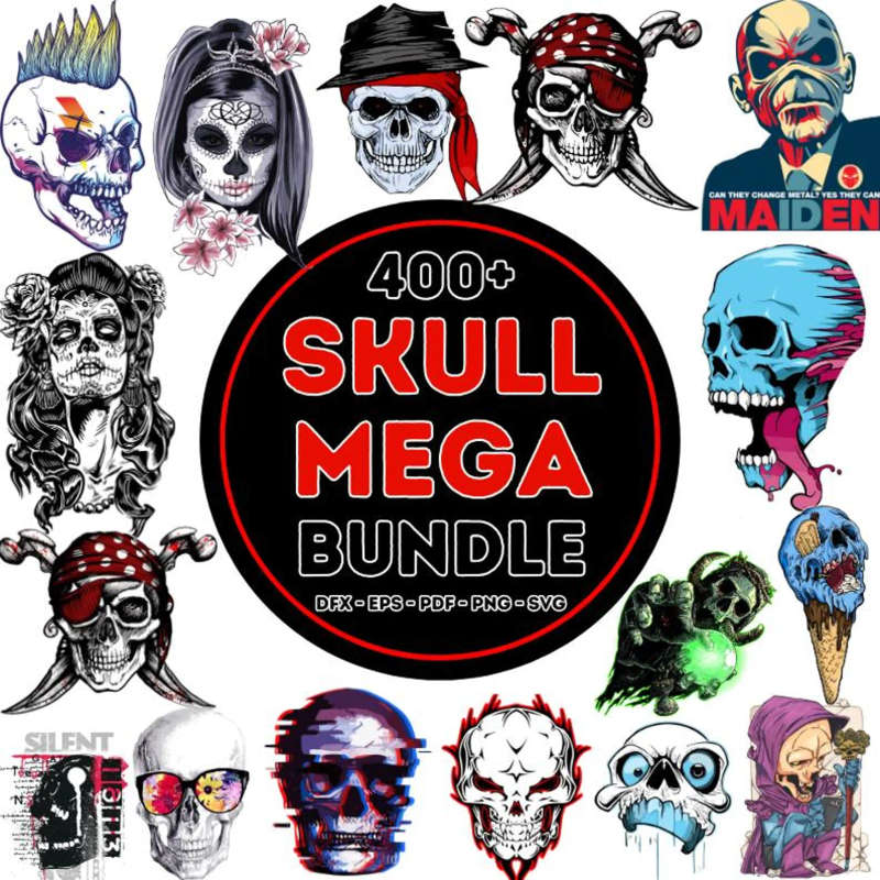 400+ Skull Clipart Pack  Unique Skull Designs with Roses, Snakes, Wings & More
