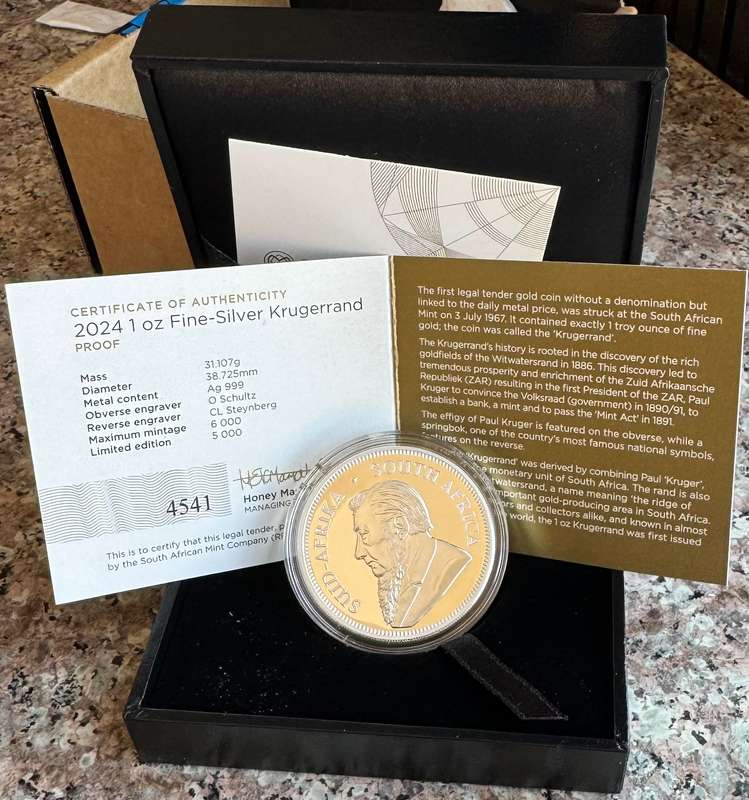 2024 KRUGERRAND 1oz FINE SILVER *PROOF* IN SAMINT BOX & CERTIFICATE MINTAGE - ?? BOOK VALUE ?  GRADE
