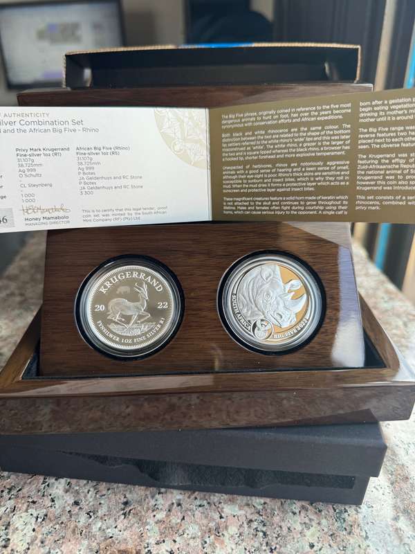 2022 KRUGERRAND PRIVY SET SERIES 2 - RHINO -2 x 1oz PROOF COINS - MINT MARK - SAMINT ORIGINAL AS