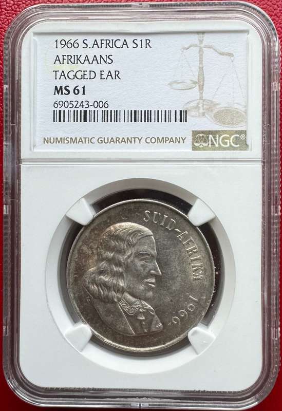 1966 SILVER RAND ** TAG EAR ** AFRIKAANS - MS61 - NGC GRADED RARETY - ABOUT 600 MINTED