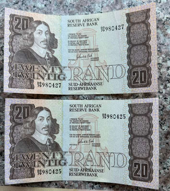 R20 NOTES A/Unc to UNC  - 3RD ISSUE G DE KOCK D3/51+bid per note 4 in sort of sequence bid per note