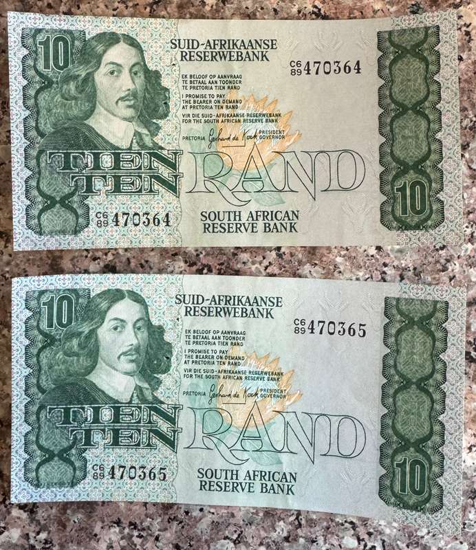 R10 NOTES A/UNC to UNC & IN SEQUENCE - G DE KOCK - C3 + 2 pinhole 2 notes in sequence - bid per note