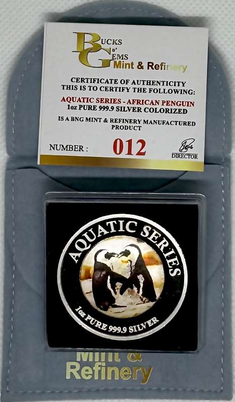 1oz SILVER 999.9 FINE - 2024 AQUATIC SERIES OF SOUTH AFRICA "AFRICAN PENGUIN "- CERTIFIED & MINT BAG