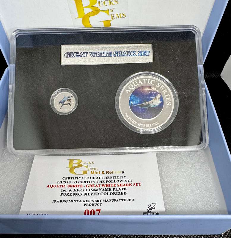 2024 AQUATIC SERIES OF SA TWIN SET *GREAT WHITE SHARK * 1oz+1/2oz+1/10oz SILVER Coa