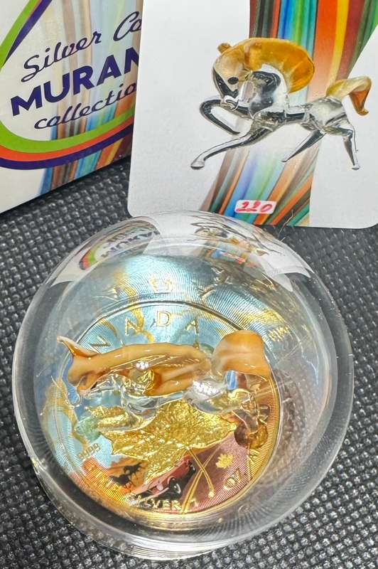 1oz CANADA MURANO 1OZ SILVER & MUSTANG FIGURINE SET + DOME, BOX & CERTIFICATE
