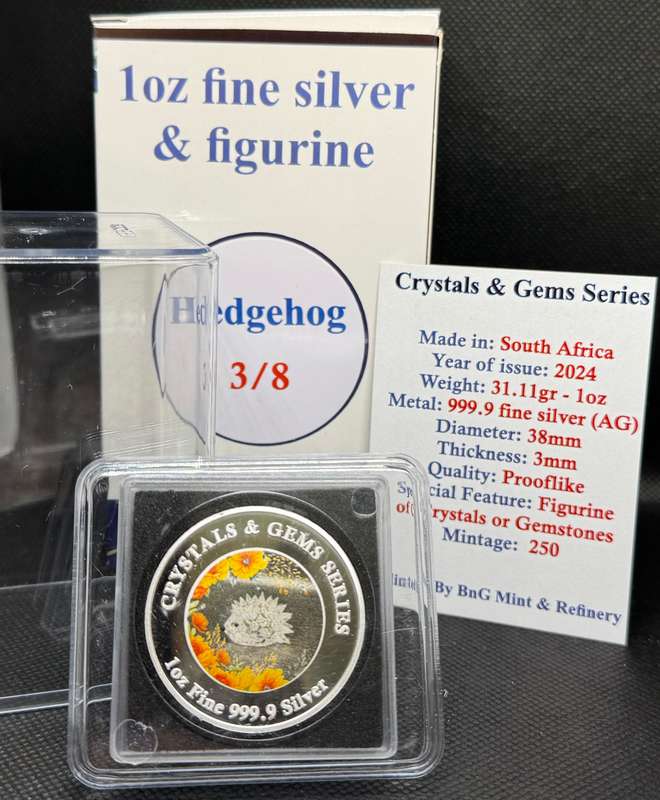 1oz PURE 999.9 SILVER CRYSTALS & GEMS COLORIZED SERIES IN DOME "SWAROVSKI HEDGEHOG" CERTIFIED & BOXE