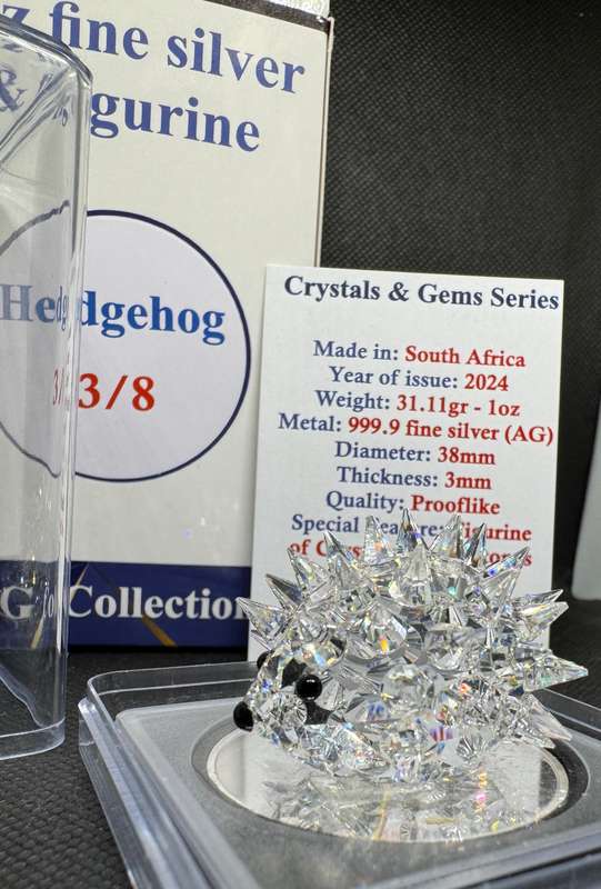 1oz PURE 999.9 SILVER CRYSTALS & GEMS COLORIZED SERIES IN DOME "SWAROVSKI HEDGEHOG" CERTIFIED & BOXE