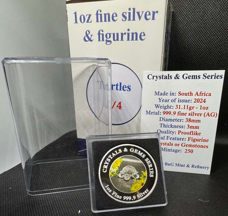 1oz PURE 999.9 SILVER CRYSTALS & GEMS COLORIZED SERIES IN DOME "SWAROVSKI TURTLE " CERTIFIED &