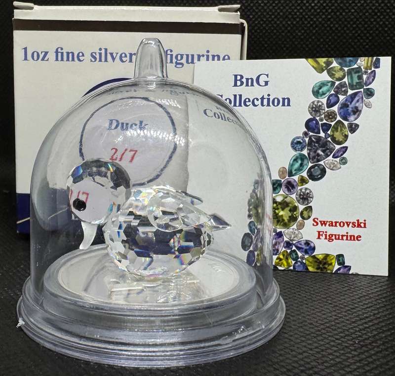 1oz PURE 999.9 SILVER CRYSTALS & GEMS COLORIZED SERIES IN DOME "SWAROVSKI SWIMMING DUCK" CERTIFIED &