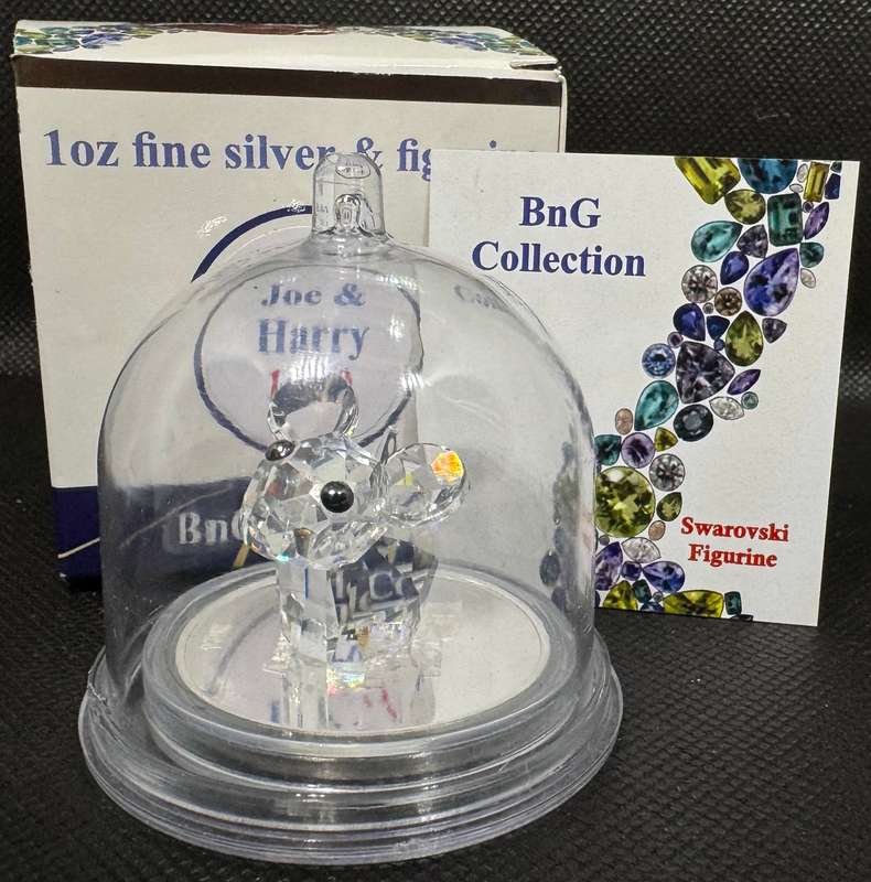 1oz PURE 999.9 SILVER CRYSTALS & GEMS COLORIZED SERIES IN DOME "SWAROVSKI JOE & HARRY MICE" CERTIFIE