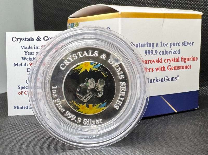1oz PURE 999.9 SILVER CRYSTALS & GEMS COLORIZED SERIES IN DOME "SWAROVSKI JOE & HARRY MICE" CERTIFIE