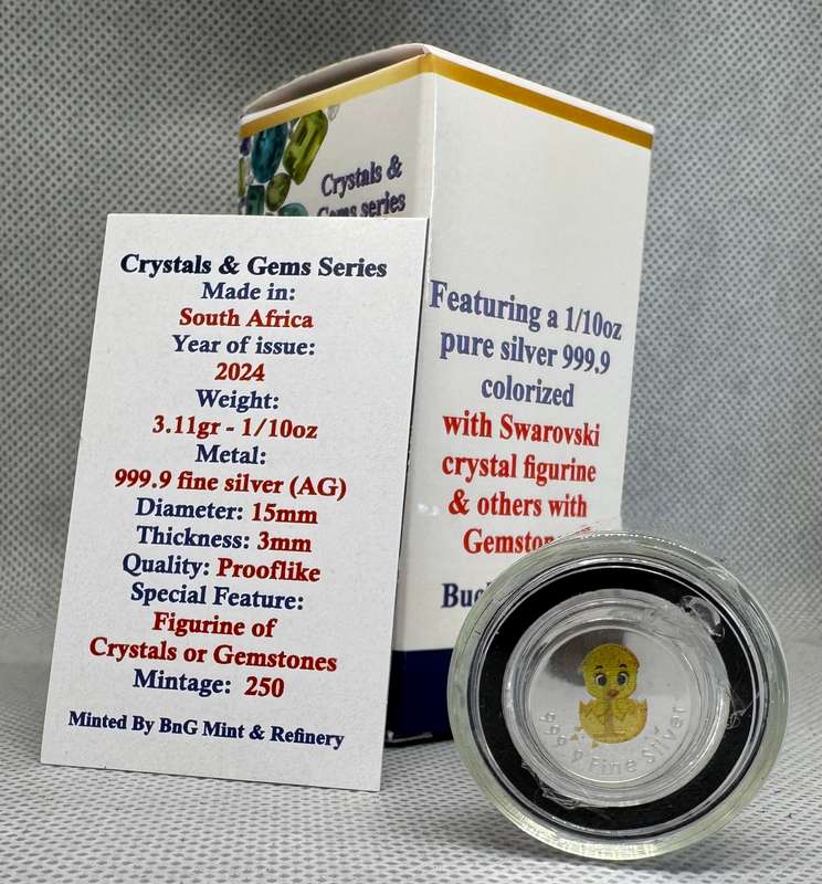 1/10oz 3.11gr PURE 999.9 SILVER CRYSTALS & GEMS COLORIZED SERIES IN DOME "SWAROVSKI CHICKS