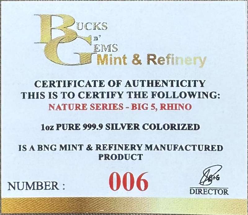 1oz SILVER 999.9 FINE - 2024 NATURE SERIES "RHINO"- CERTIFIED & MINT BAG