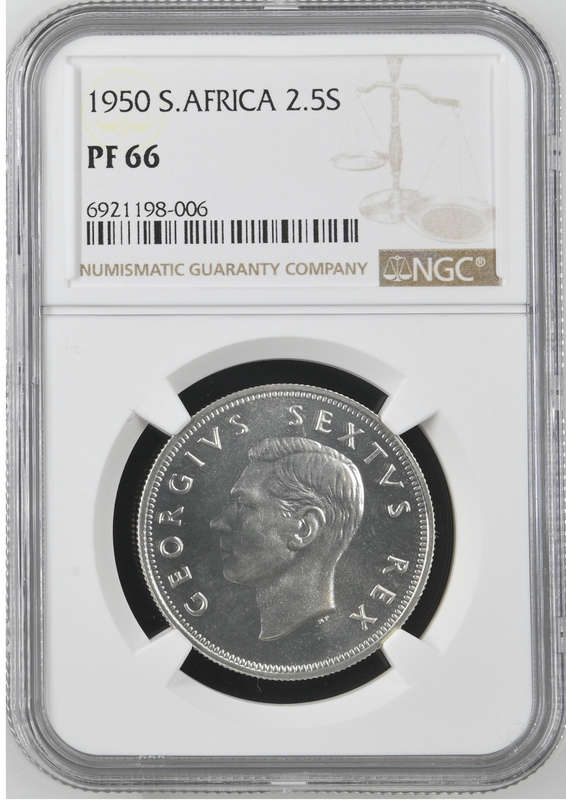 1950 SA 2.5 SHILLING - PF66 - NGC GRADE - MINTAGE 500